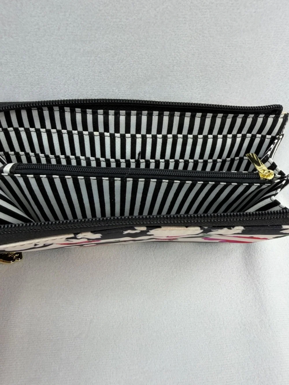 Betsy Johnson LUV Wallet Stripes Floral Zip Wallet Black & White with Pink Roses